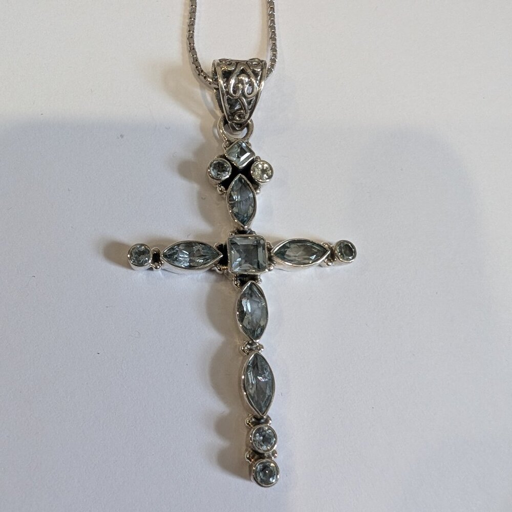 Brand New Silver Blue Topaz Cross Necklace For Sale
